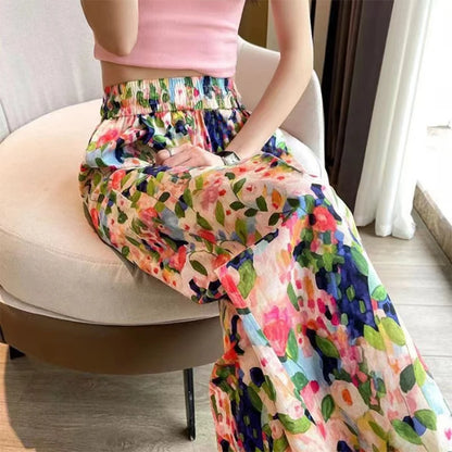 2024 Summer New Beach Pants Loose Wide-Leg Pant for Women Seaside Leisure INS High Waist Cropped Pant Straight Floral Trousers Pink
