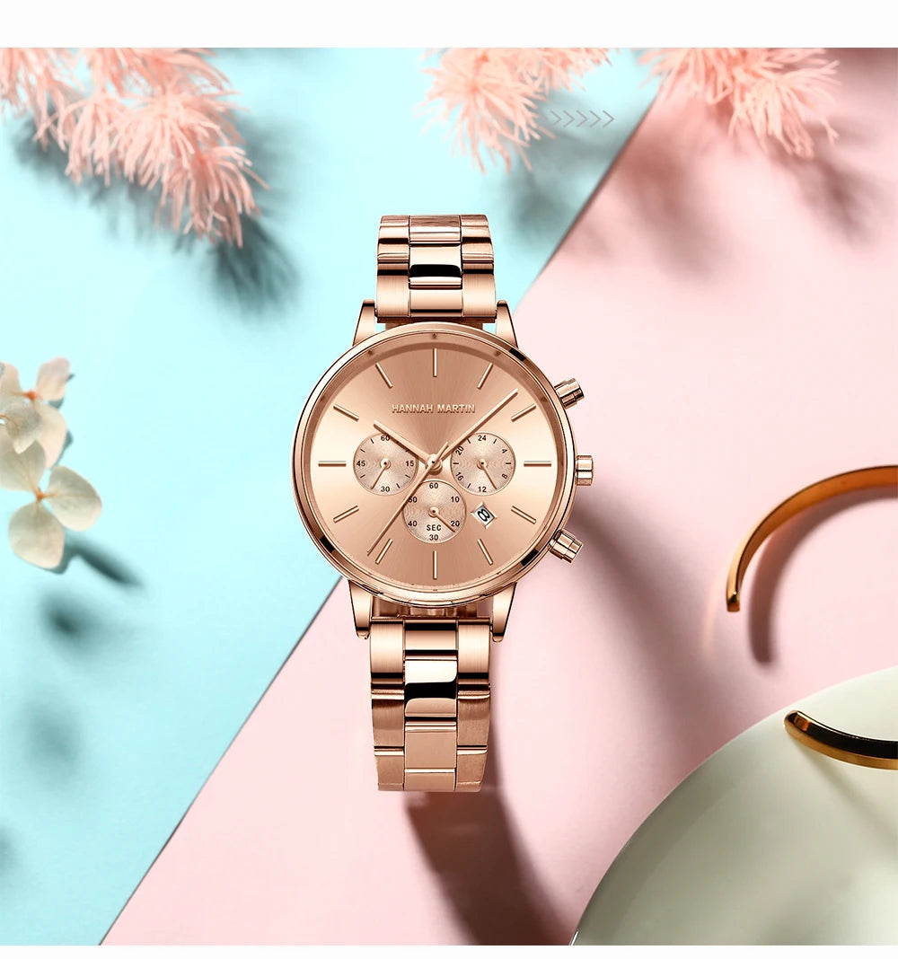 HANNAH MARTIN Brand Women Multifunctional Watch Original Stainless Steel Rose Gold 36mm Quartz Movement Casual Banquet Wristatch