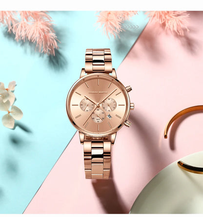 HANNAH MARTIN Brand Women Multifunctional Watch Original Stainless Steel Rose Gold 36mm Quartz Movement Casual Banquet Wristatch