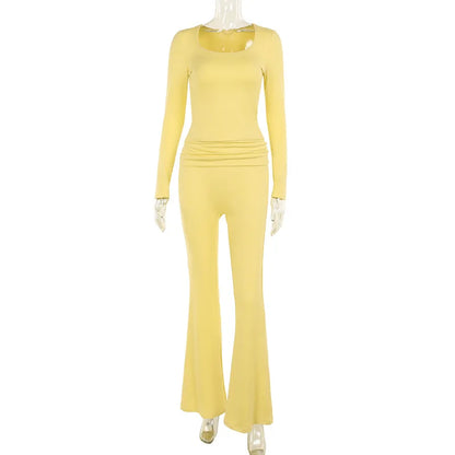 Fashion Soild Women's Set Long Sleeve Yellow U Neck Shirt and Flared Pants 2024 Elegant Tracksuits Two 2 Piece Set Outfits