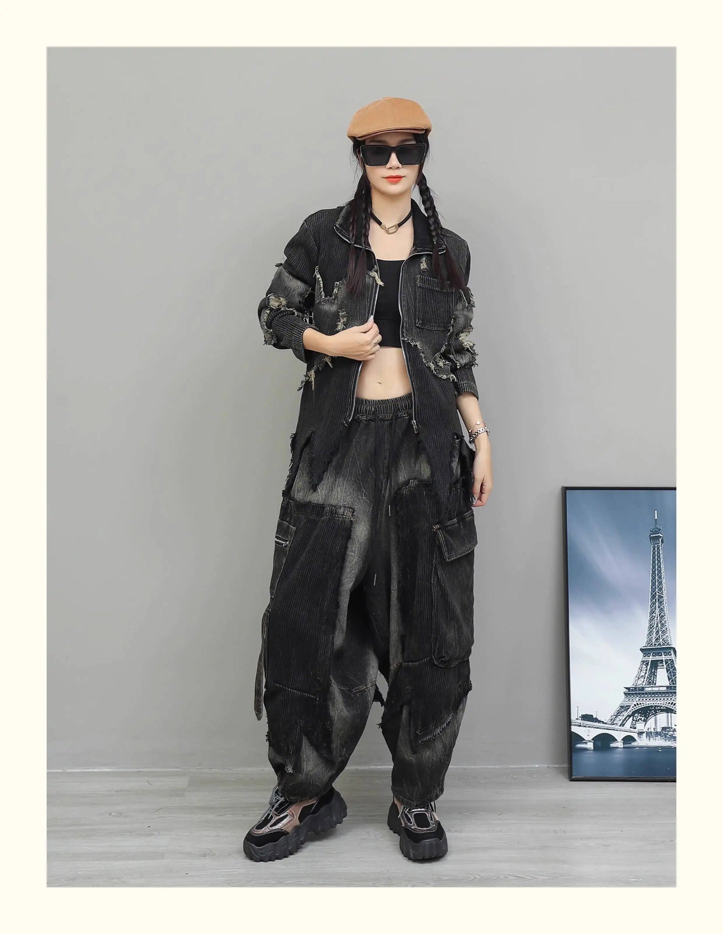 Trendy Cool Pant Set Women Autumn Vintage Denim Patchwork Long Sleeve Irregular Jacket + Harem Pants Two-Piece Set LX4331 Badiee Stylez