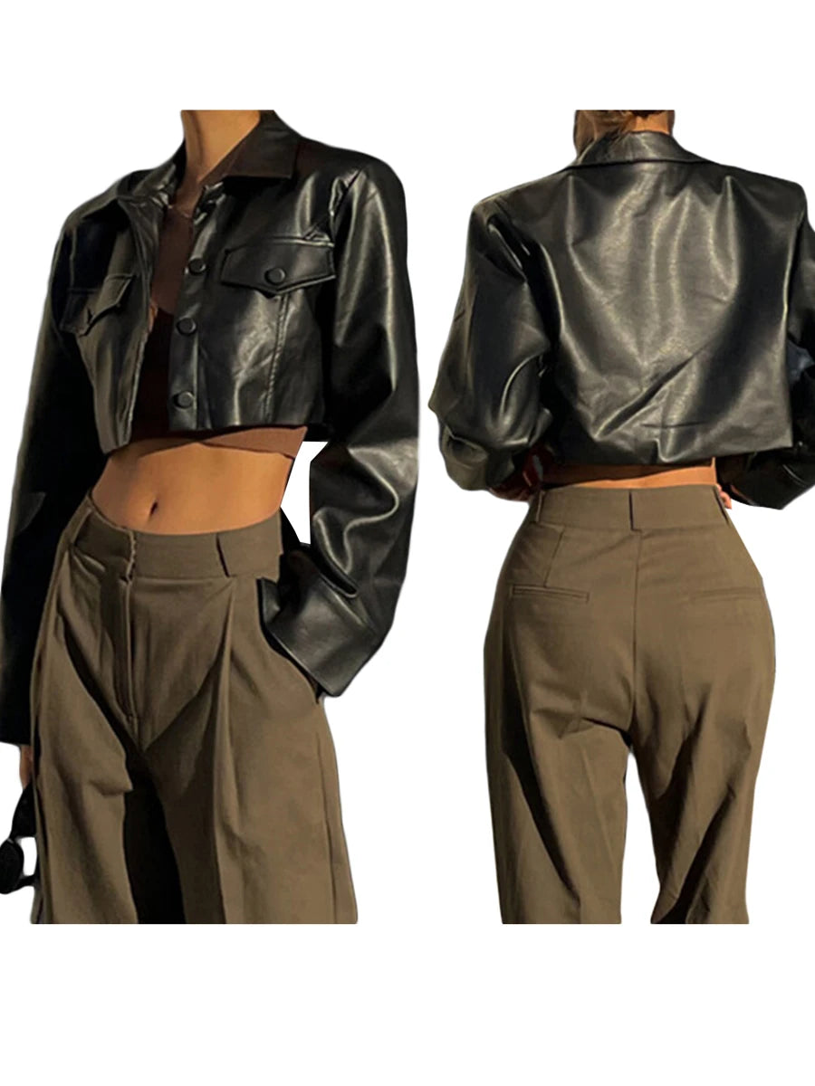 Women Crop Leather Jacket Solid Black Casual Long Sleeve Button Down Jacket Fall Outwear