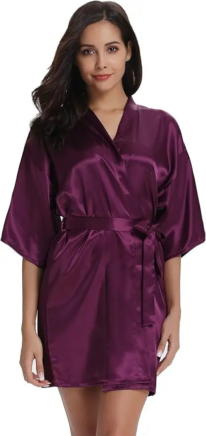 Womens Kimono Robes Dressing Gown Satin Bathrobe Nightdress Short Style Bridal Robe As the photo show 13