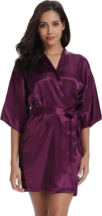 Womens Kimono Robes Dressing Gown Satin Bathrobe Nightdress Short Style Bridal Robe As the photo show 13