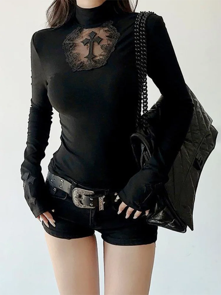 Turtleneck Top Y2k Clothes Black Gothic Cross Hollow Slimming Bottom T Shirt for Women Long Sleeve Sexy T-shirt Girls Tops Badiee Stylez