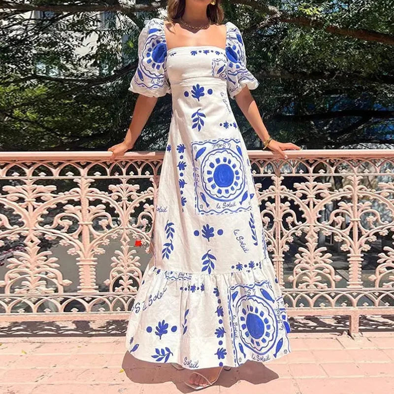 Summer Dress Elegant Women Flower Printed Maxi Dress High Waisted Short Sleeve Square Collar 2024 Summer Fashion Holiday Dresses Blue Print