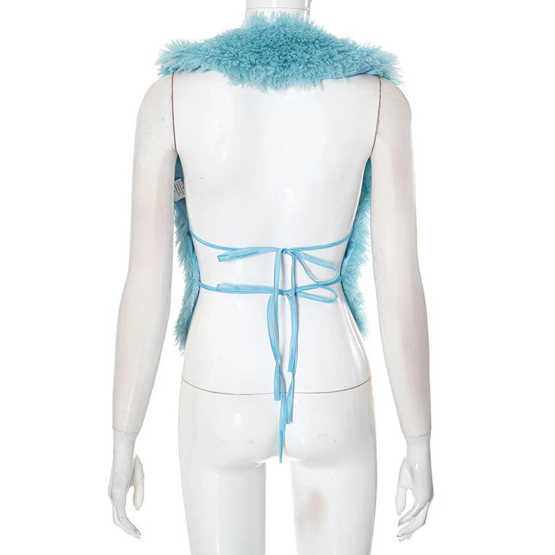 BKLD Sexy Temperament Fluffy Tops For Women High Street Y2K Nightclub Outfits Faux Fur Backless Lacing Solid 2025 Vest Waistcoat