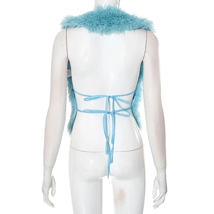 BKLD Sexy Temperament Fluffy Tops For Women High Street Y2K Nightclub Outfits Faux Fur Backless Lacing Solid 2025 Vest Waistcoat