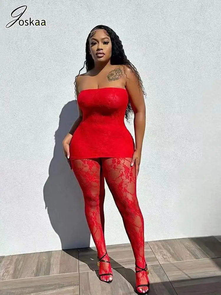 Joskaa Holiday Set Outfit For Women Black Red Lace Baddie 2 Piece Sets Outfits 2024 New Beach Sexy Leggings Club Party Outfit