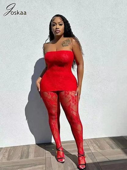 Joskaa Holiday Set Outfit For Women Black Red Lace Baddie 2 Piece Sets Outfits 2024 New Beach Sexy Leggings Club Party Outfit