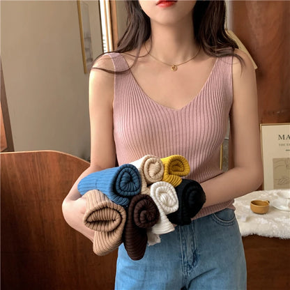 Solid Color Basic Women's Vest Tank Top Solid Color Knitted Tees Top Cropped Top Camisole Sweater V-neck Summer Sleeveless