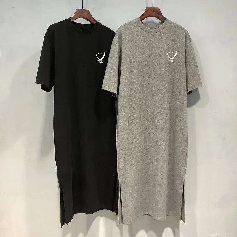 Summer Versatile Academy Style Short Sleeve Loose Korean Print Split Medium Length Dress T-shirt Women Casual Comfortable Style Badiee Stylez