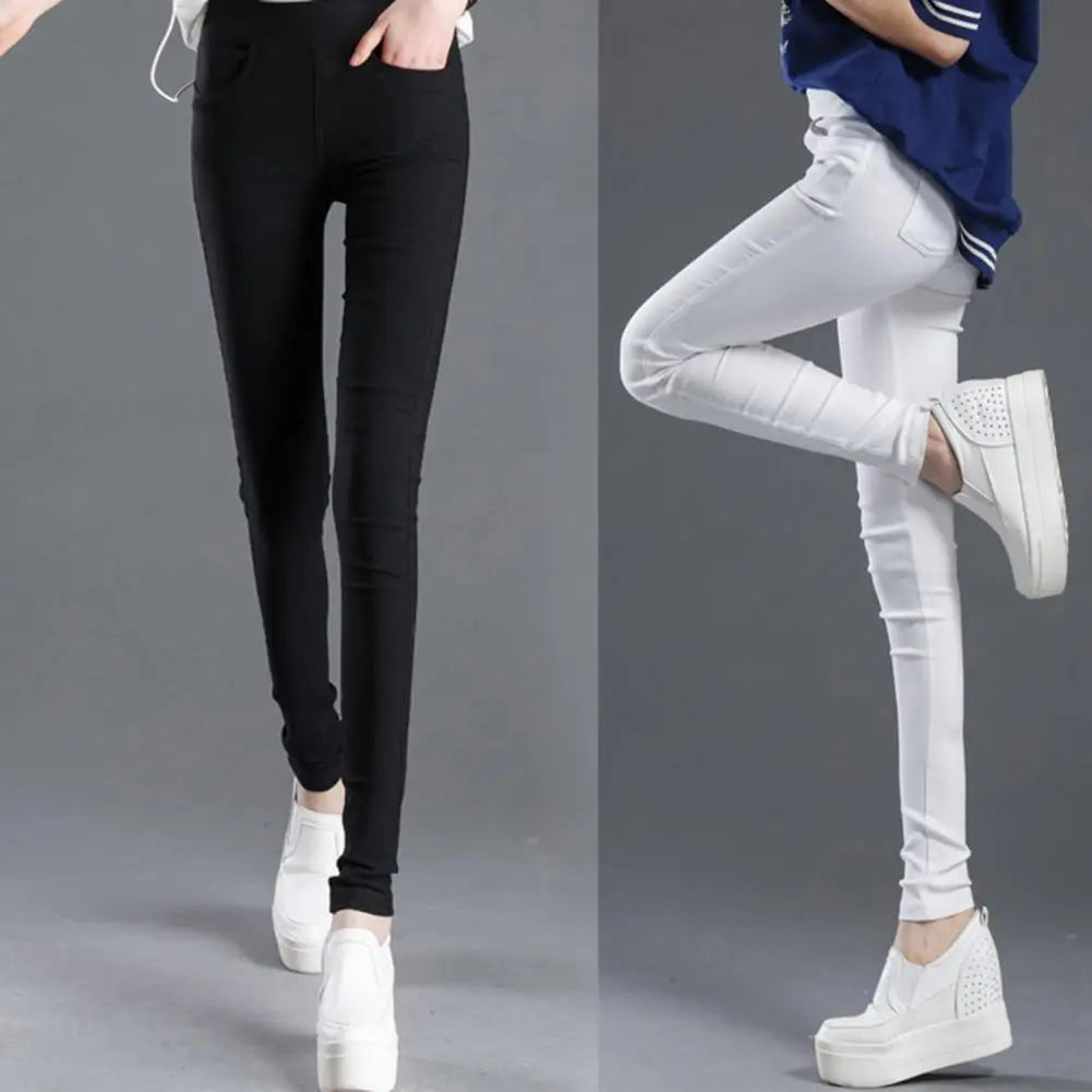 Office Lady Elastic High Waist Solid Color Trousers Summer Thin Female Clothing Casual Pockets Slim Nine Points Straight Pants
