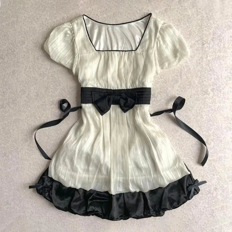 Vintage Stripped Lace Pleated Strap Dress Women Y2k American Short Dresses Fashion Chic Short Sleeve Streetwear Clothing Badiee Stylez