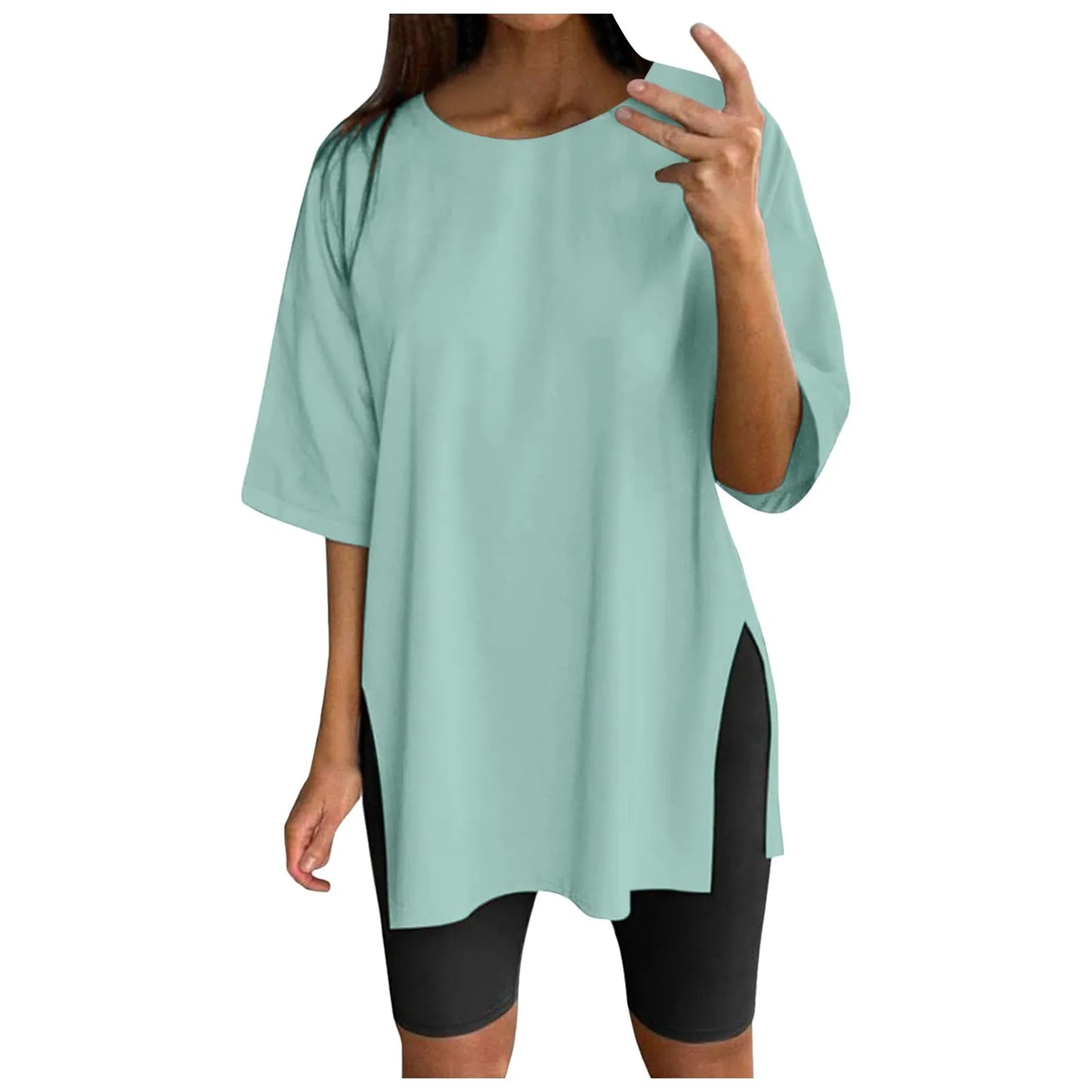 Extra Long Tops Women Oversize Sports Short Sleeve Blouses Summer Loose Tops Crew Neck Solid Large Size Side Split Pullover