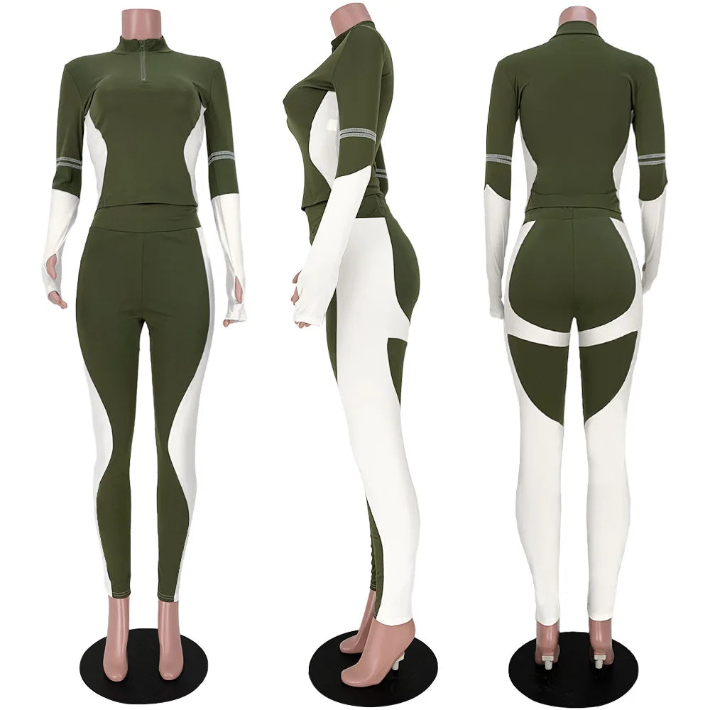 Y2K Color Matching Women'S Set Sweatsuit Two Piece Outfits Ladies' Standing Collar Sports Suit Slim Fit Long Sleeved Long Pants Badiee Stylez