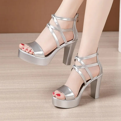 Big Size 32-43 Block Heel Platform Sandals Women Wedding Shoes 2025 Summer High Heels Gladiator Sandals Patent Leather Sandals Silver