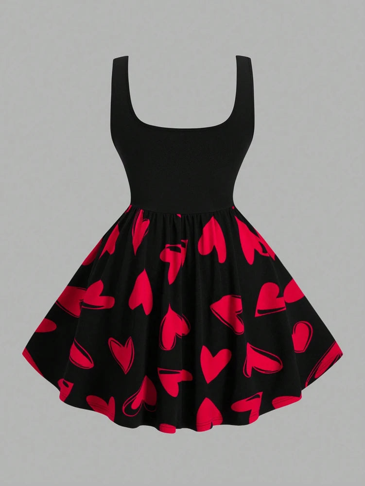 Plus Size Women's Red Heart Patchwork Round Neck Sleeveless Casual Dress for Valentine's Day and Summer