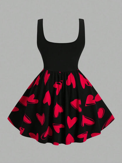 Plus Size Women's Red Heart Patchwork Round Neck Sleeveless Casual Dress for Valentine's Day and Summer