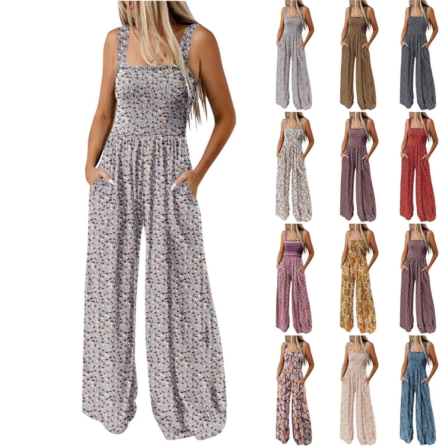 Women'S Suspender Jumpsuits Fashion Trend Pleated Shoulder Straps Printed Pocket Loose Wide Leg Jumpsuits Daily Casual All-Match