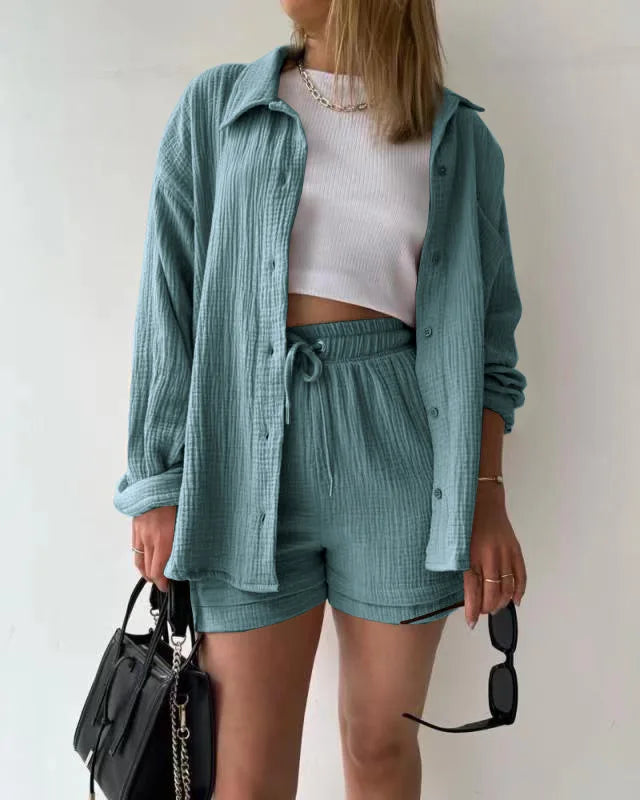 Short Sets Women Tracksuit Single Breasted Cardigan Blouses Two Pieces Shorts Loose Button High Street Solid Pockets Folds