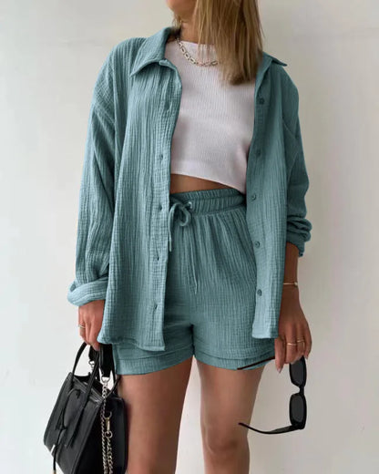 Short Sets Women Tracksuit Single Breasted Cardigan Blouses Two Pieces Shorts Loose Button High Street Solid Pockets Folds
