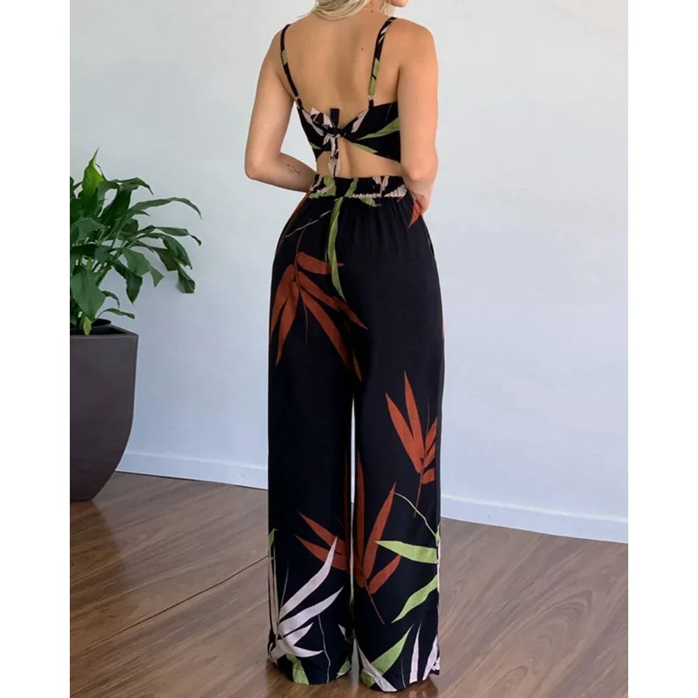 Summer Women Tropical Print Spaghetti Strap Casual Lace up Back Top &High Waist Pants Set 2 Pieces Suit Sets 2023 Woman Clothing