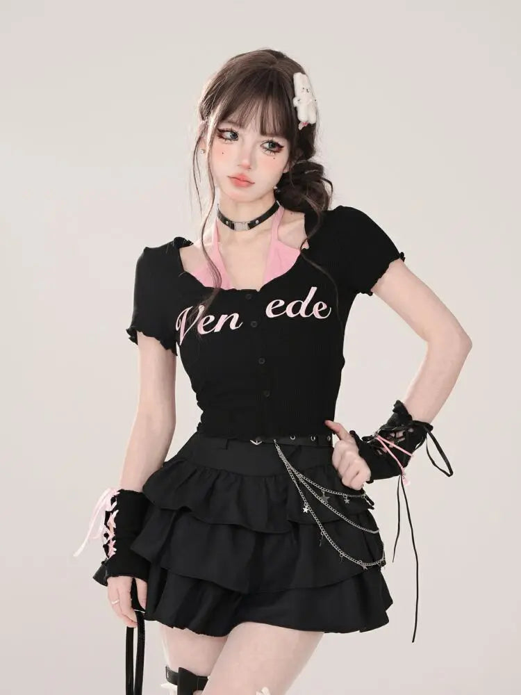 Women Black Gothic A-line Cake Skirt Vintage Y2k Skirt Aesthetic Harajuku Korean Elegant Kawaii Emo Skirts 2000s Trashy Clothes
