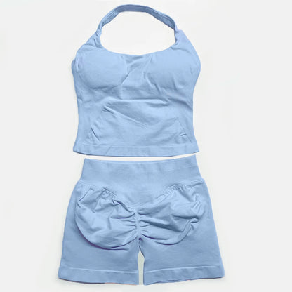 two piece DF yoga clothing set outfits woman yoga Impact Halter Top and spors shorts 4.5 inch Gym workout sets pilates clothes Badiee Stylez