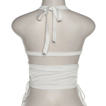 Y2K Sexy Backless Summer Crop Top Women Hollow Out White Sleeveless Bandage Halter Tank Tops Streetwear Cami 90s
