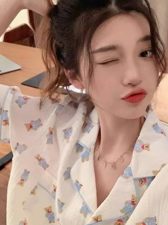 Cute Girl's Summer Cotton Linen ort Sve Nightgown Home Clothes Set Bear Print Gauze Spwear Simple Home Sle