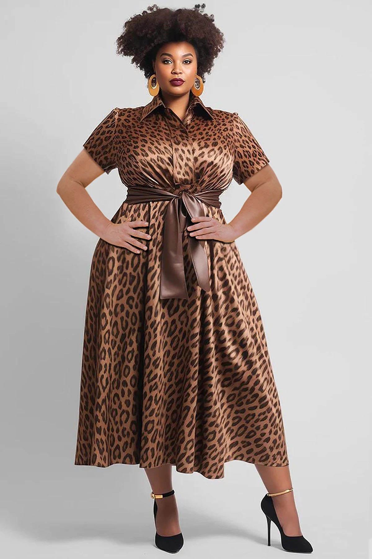 Women's Plus Size Leopard Printed Dress Large Lapels Short Sleeves Loose Elegant Belt Dresses 2025 Summer Female Casual Vestidos