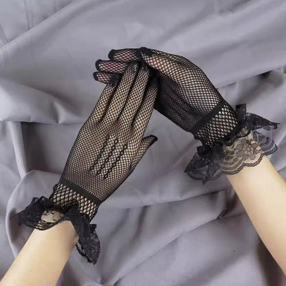 Girls Lolita Lace Hollow Out Gloves Women Ceremony Etiquette Mesh Thin Mittens Gothic Punk Sexy Glove Black White Soft Elastic Style 02 Black One Size