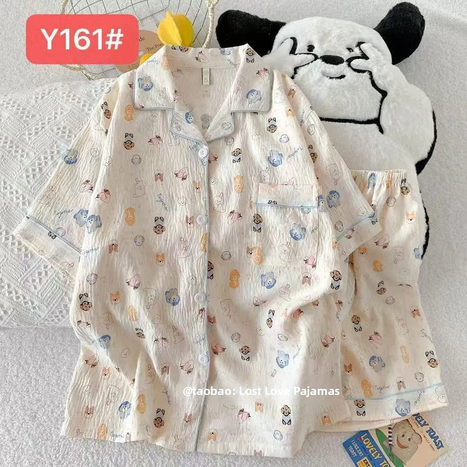 Cute Pink Cloud Cotton Spwear Bear Print Home Clothes Long Sve ort Sve Women's Comfortable Home Suit Summer Thin