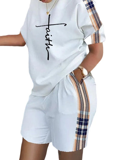 Women Casual Short Sleeve Outfit 2024 Summer Fashion Letter Printed O Neck Pocket Suit Female T Shirt Top Shorts Two Pieces Set 7