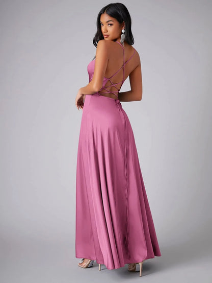 Backless Slimming Long Evening Dress Women Sexy V Neck Sleeveless Gown With Waist Tie For Formal Party Wedding Guest Maxi Dress