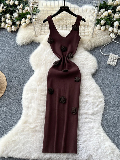 SINGREINY Knitted 3D Flower Chic Dress Sleeveless Slim Solid Elastic Sundress Women Summer Casual Fashion Bodycon Long Dresses coffee One Size