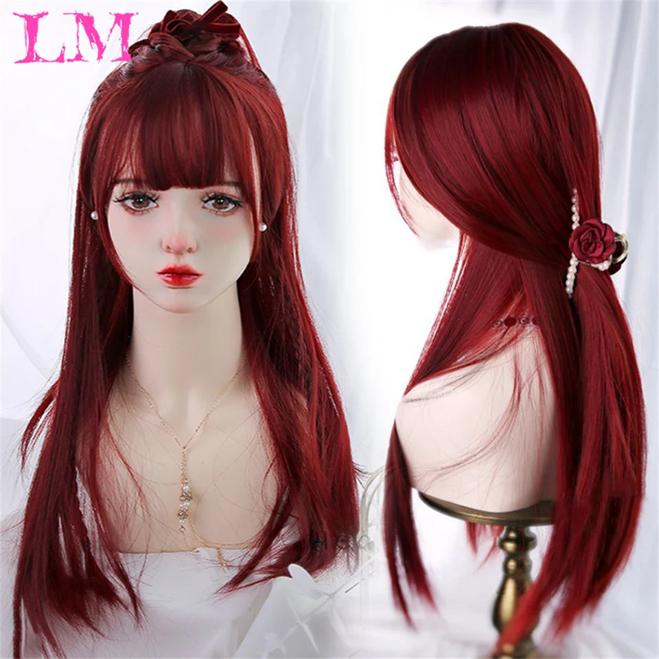 LM Long Silky Straight Synthetic Wigs with Bangs Black Cosplay Party Lolita Hair Wigs for Women Natural Heat Resistant Wig light pink