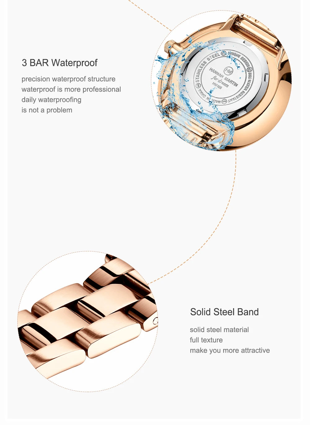 HANNAH MARTIN Brand Women Multifunctional Watch Original Stainless Steel Rose Gold 36mm Quartz Movement Casual Banquet Wristatch