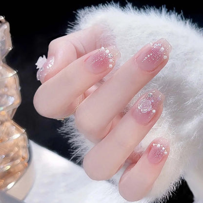 Glossy Pink False Nails with Glitter Natural Unbreakable Nail Simple Wear for Stage Performance Wear 04 United States