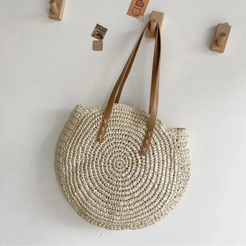 Summer Round Straw Women Vacation Woven Beach Shoulder Bag Large Capacity Hollow Out Simple Tote Bag beige