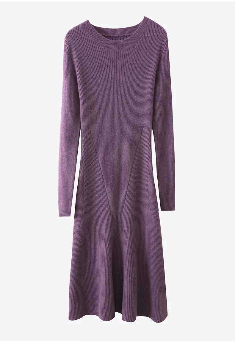 Women's Pure Wool Knitted Long Dress, Round Neck, Fishtail Skirt, Slim, Elegant, Casual, Fashionable, Sweater, 2024Autumn/Winter Badiee Stylez