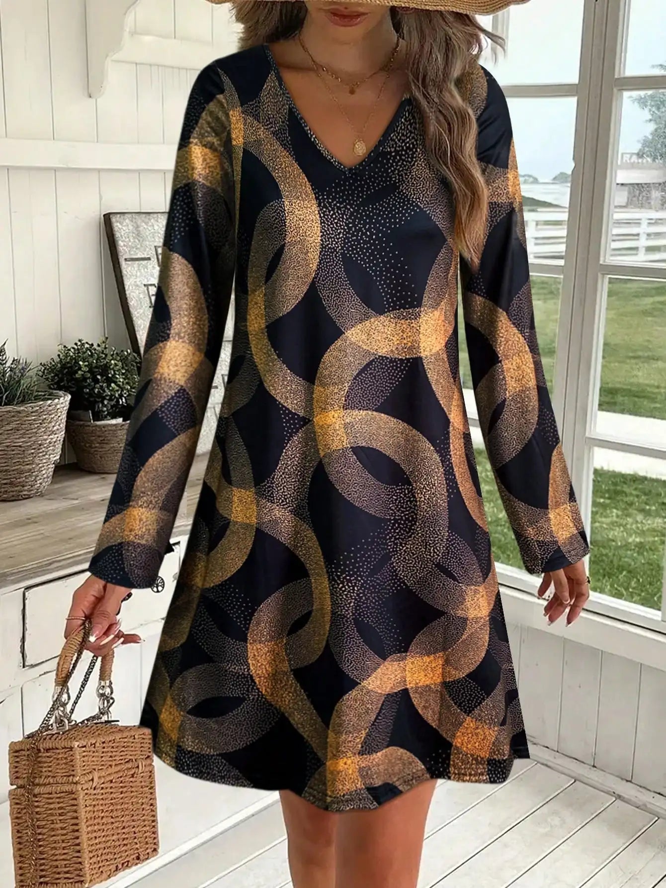 Women's Early Autumn Long - Sleeve V - Neck Dress, Geometric Gold - Print, Ideal for Casual & Evening Badiee Stylez