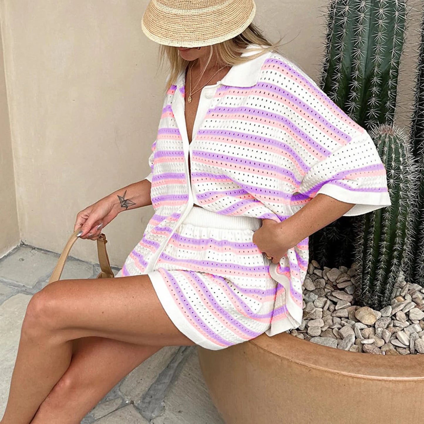 Knitted Women Two Piece Shorts Outfits Loungewear Suits Stripe Contrast Color Button Crochet Tops and Shorts Matching Sets PURPLE
