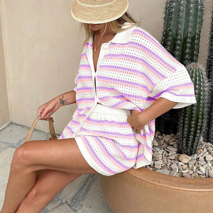 Knitted Women Two Piece Shorts Outfits Loungewear Suits Stripe Contrast Color Button Crochet Tops and Shorts Matching Sets PURPLE