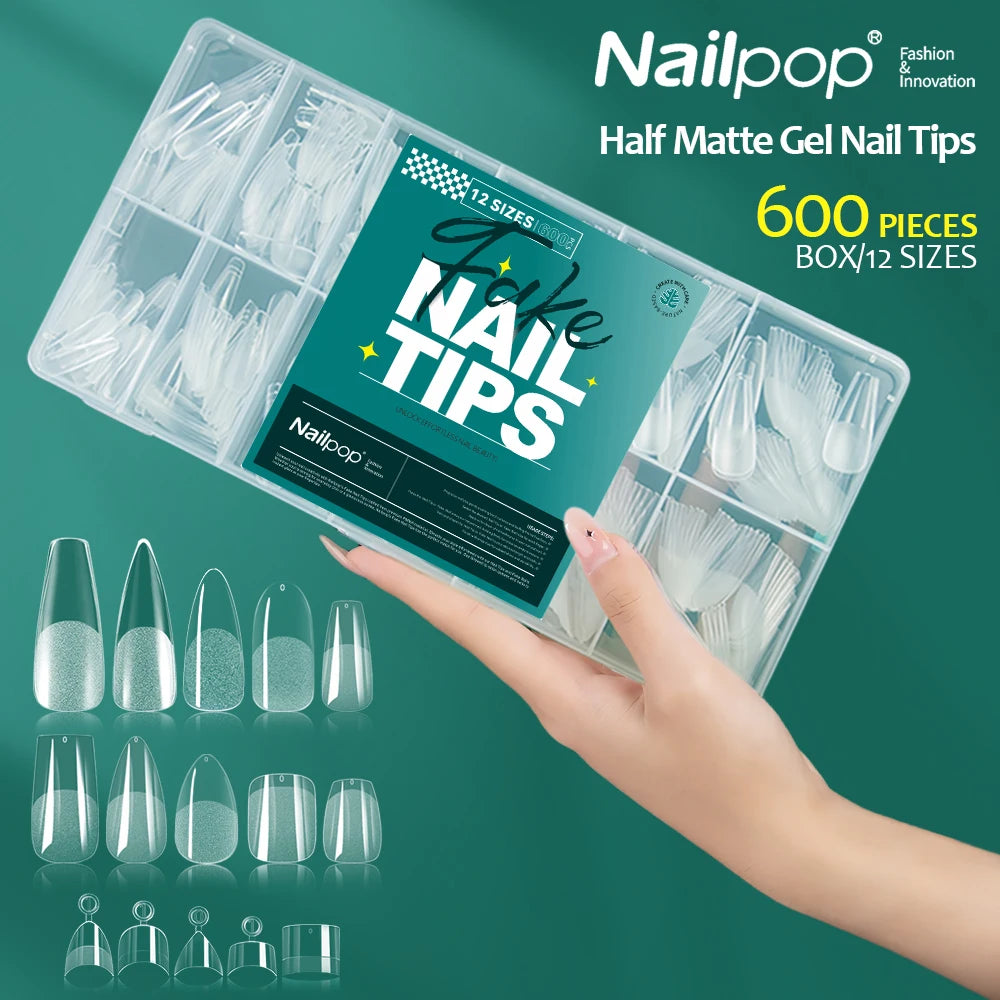 NAILPOP Soft Gel Nail Tips 600PCS Pre-Buff Full Cover Coffin Almond Oval Shaped Nail Extenison Tips Half Matte Gel X Fake Nails