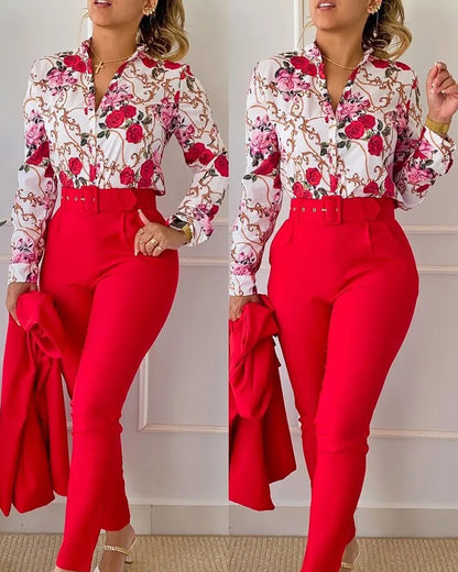 Autumn Winter Stand Neck Floral Print Long Sleeve Shirt Pants Two Piece Sets Elegant Women Casual Shirt Trousers Suits With Belt