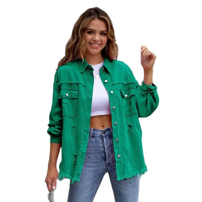 2025 Spring Autumn Shirt Style Denim Jacket Women Holes Raw-edges Jeancoat Casual Tops Female Oversize Loose Outerwear 7 Colors