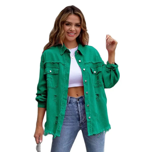 2025 Spring Autumn Shirt Style Denim Jacket Women Holes Raw-edges Jeancoat Casual Tops Female Oversize Loose Outerwear 7 Colors