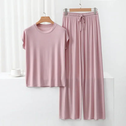Modal Homewear set O-neck Tshirts short sleeves and Wide leg pants Loose sleepwear Casual streetwear suit all match lightpink